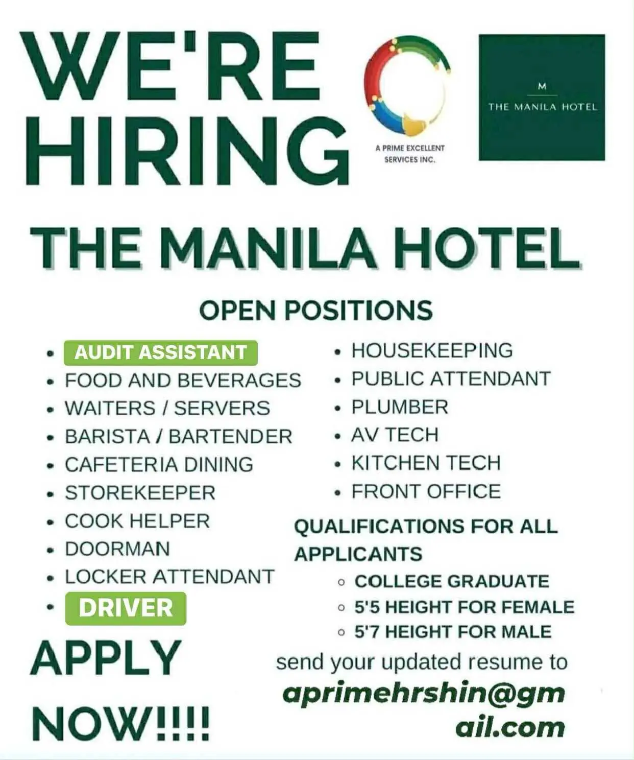 Various Position Manila Hotel
