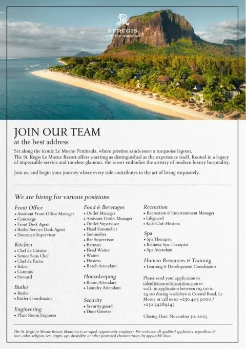 Various Position St Regis Mauritius