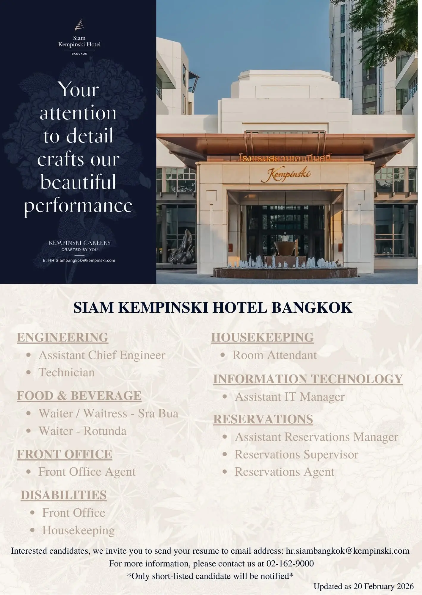Various Position Siam Kempinski BKK