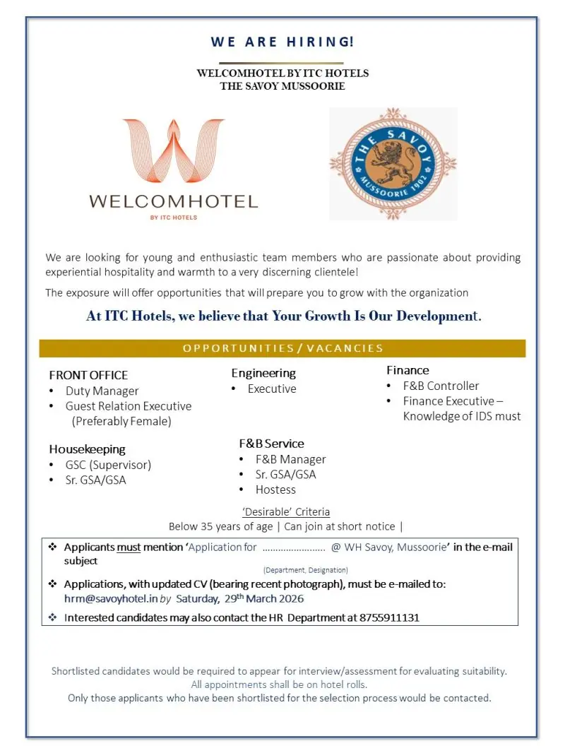 Various Position Welcome Hotel Mussoorie