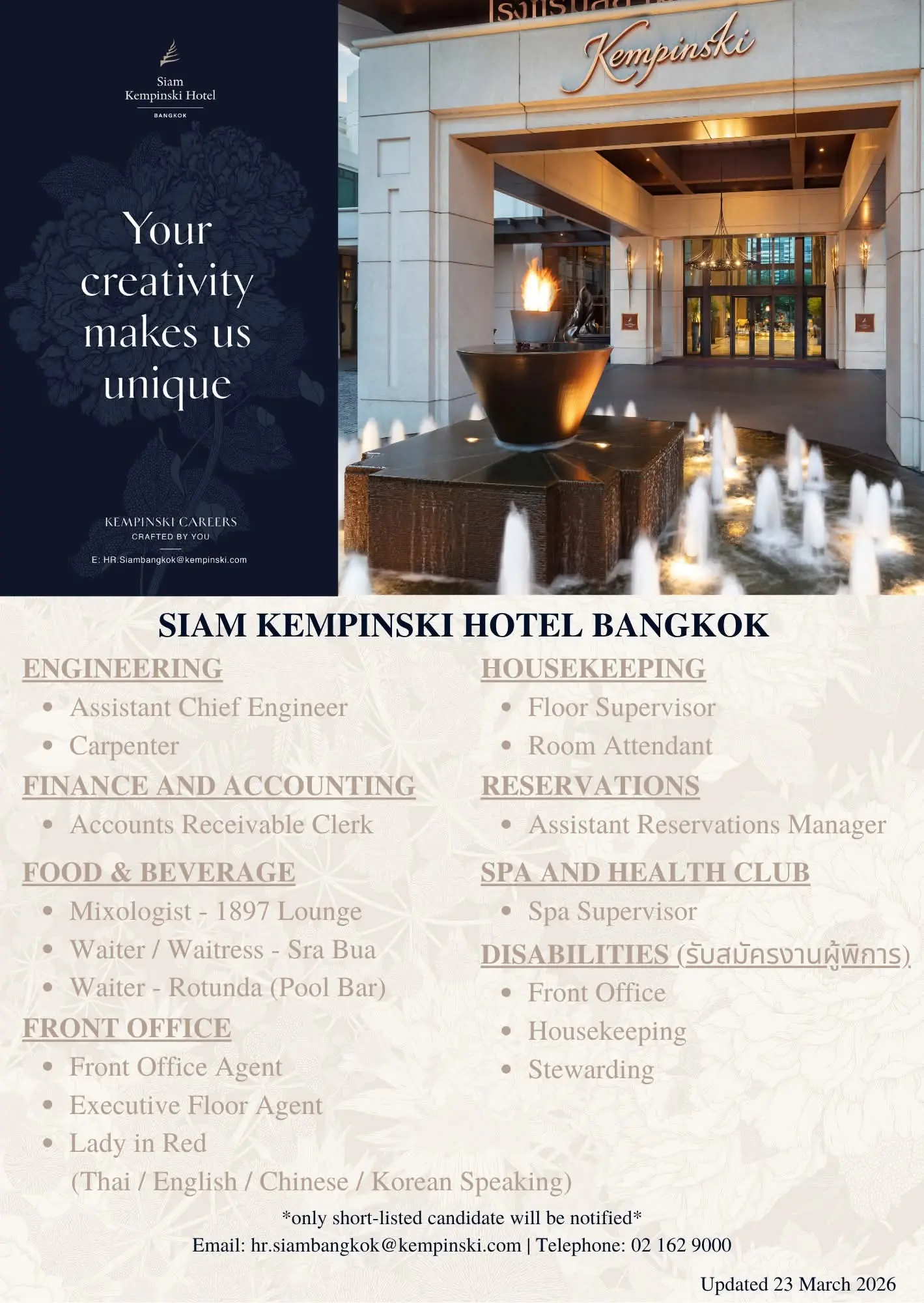 Various Position Kempinski Bkk