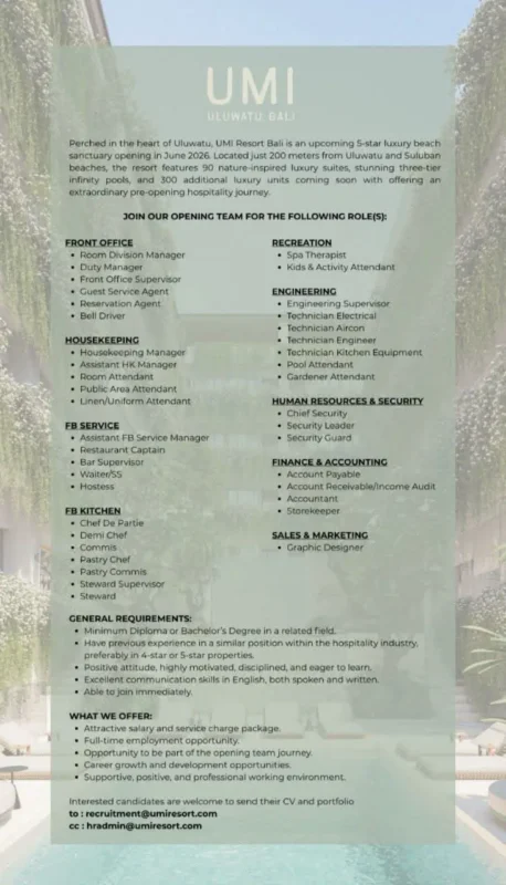 Various Position UMI Resort Bali